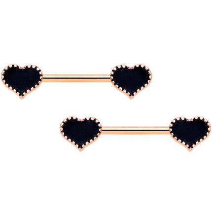 14G 9/16 Rose Gold Tone Black Heart Barbell Nipple Ring Set