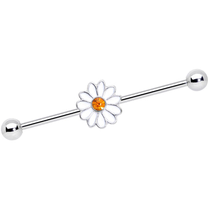 14G Yellow Gem White Daisy Flower Industrial Barbell 38mm