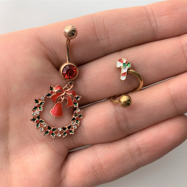 14G 3/8 Gold Tone Candy Cane Christmas Spiral Twister Belly Ring