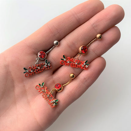 Red Gem Rose Gold Tone Merry Christmas Dangle Belly Ring