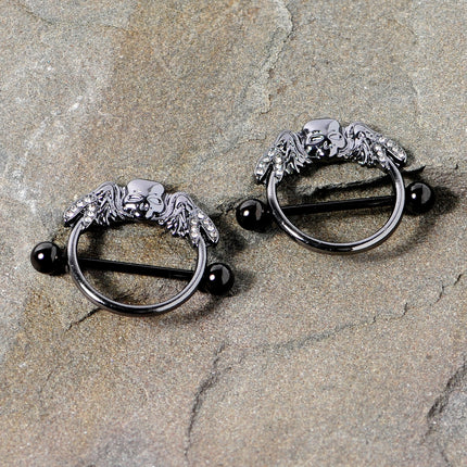 14G 7/8 Clear Gem Black Winged Skull Halloween Nipple Shield Set