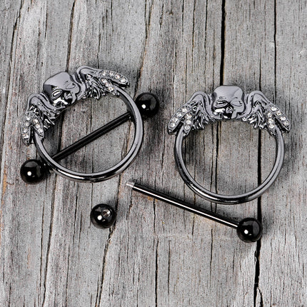 14G 7/8 Clear Gem Black Winged Skull Halloween Nipple Shield Set