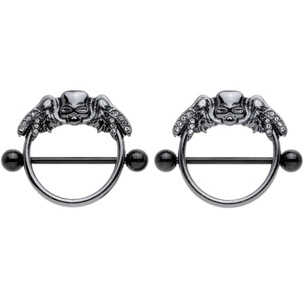 14G 7/8 Clear Gem Black Winged Skull Halloween Nipple Shield Set