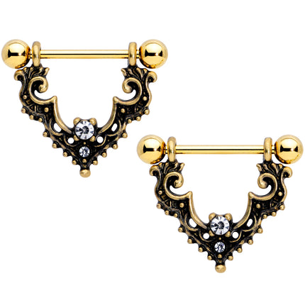 14G 9/16 Clear Gem Gold Tone Baroque Bat Nipple Shield Set