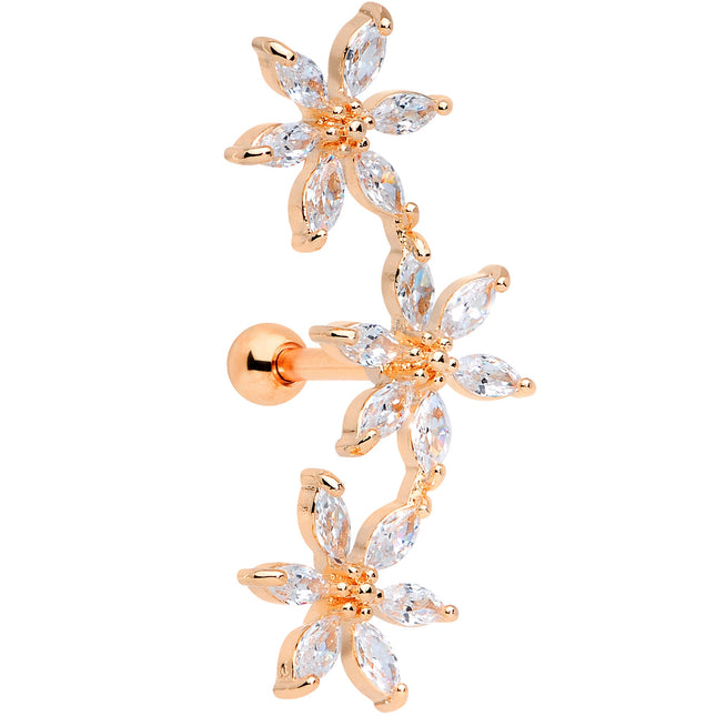 16G 1/4 Clear CZ Gem Rose Gold Tone Tri Flower Cartilage