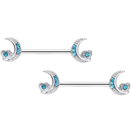 14G 9/16 Blue CZ Gem Crescent Moon Heart Barbell Nipple Ring Set