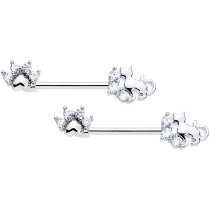 14G 9/16 Clear CZ Gem Paw Print Cat Barbell Nipple Ring Set