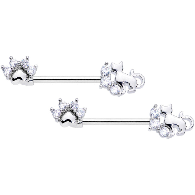 14G 9/16 Clear CZ Gem Paw Print Cat Barbell Nipple Ring Set