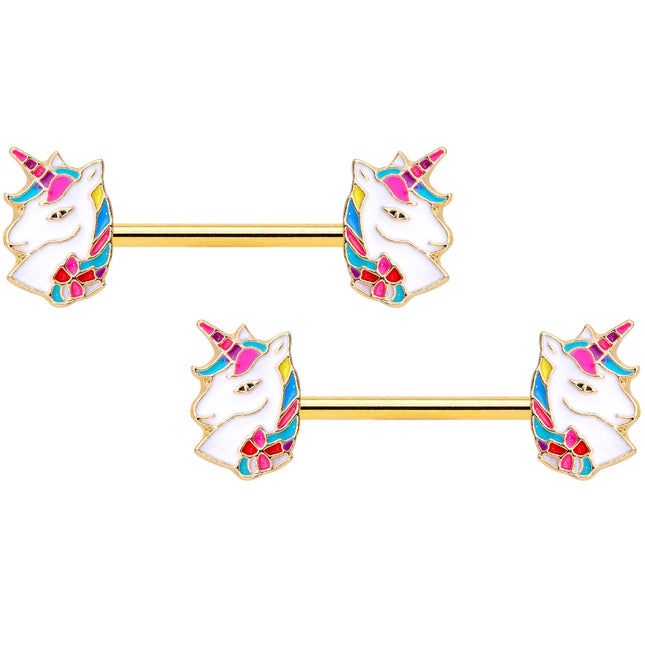 14G 9/16 Gold Tone Rainbow Unicorn Barbell Nipple Ring Set