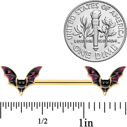 14G 9/16 Pink Gem Gold Tone Bat Halloween Barbell Nipple Ring Set