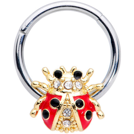 16G 3/8 Clear Gem Red Black Ladybug Hinged Segment Ring