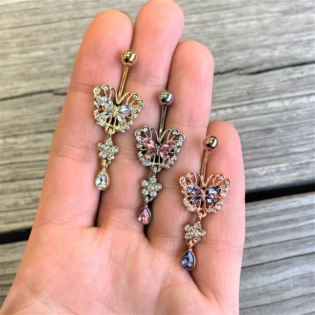 Purple Gem Rose Gold Tone Lacy Butterfly Flower Drop Dangle Belly Ring