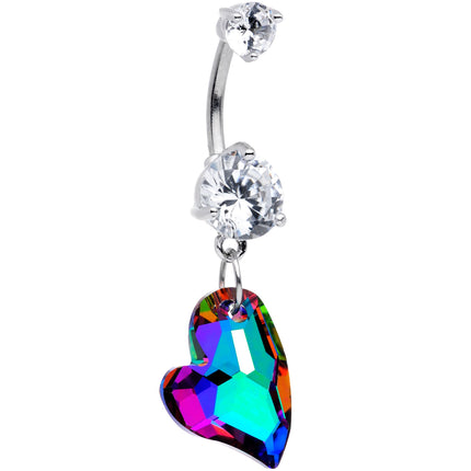 Clear Vitrail Gem Stylized Heart Dangle Belly Ring