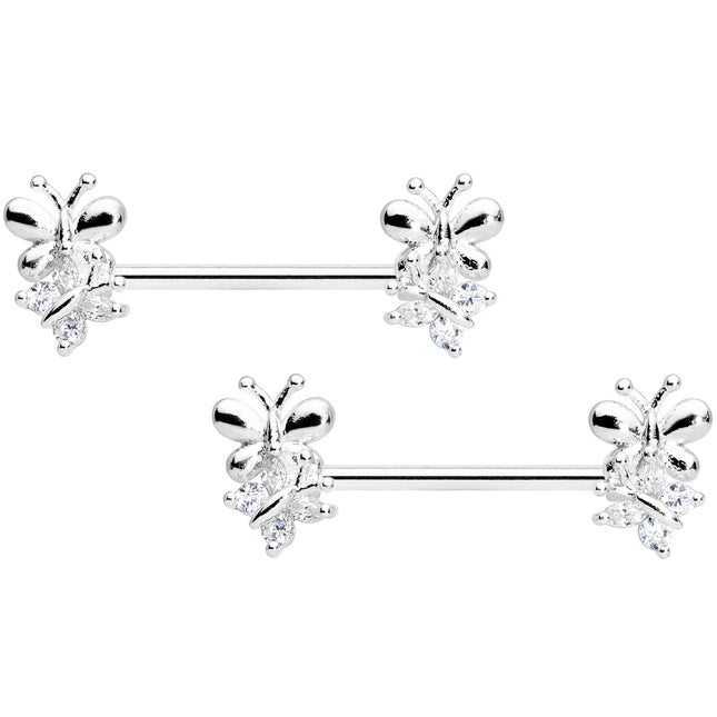 14G 5/8 Clear CZ Gem Butterfly Barbell Nipple Set