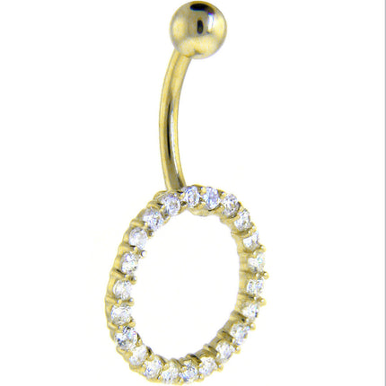 16G Solid 14k Yellow Gold Clear CZ Gem Gather Round Belly Ring