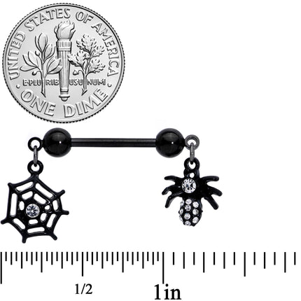 14G 9/16 Clear Gem Black Spider Web Dangle Barbell Nipple Ring Set