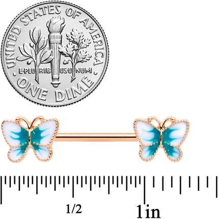 14G 9/16 Rose Gold Tone White Green Butterfly Barbell Nipple Set