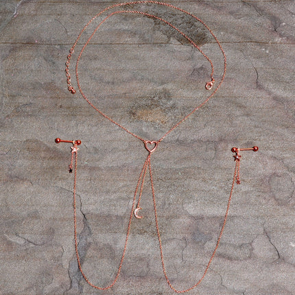 14G 5/8 Aurora Gem Rose Gold Hue Star Moon Nipple Chain Necklace