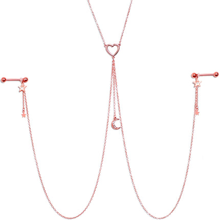 14G 5/8 Clear Gem Rose Gold Hue Star Moon Nipple Chain Necklace