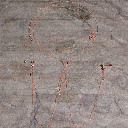 14G 5/8 Clear Gem Rose Gold Hue Star Moon Nipple Chain Necklace