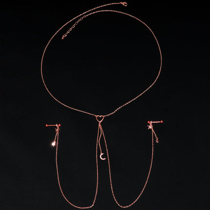 14G 5/8 Clear Gem Rose Gold Hue Star Moon Nipple Chain Necklace