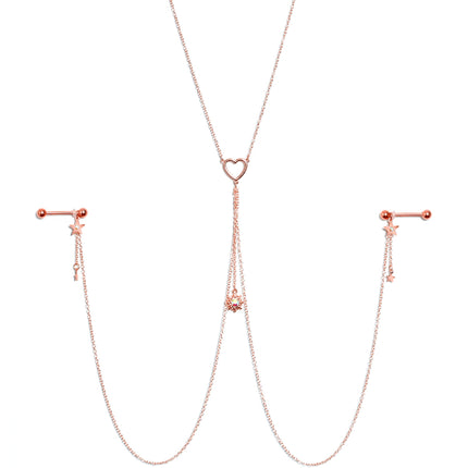 14G 5/8 Aurora Gem Rose Gold Hue Star Sun Nipple Chain Necklace