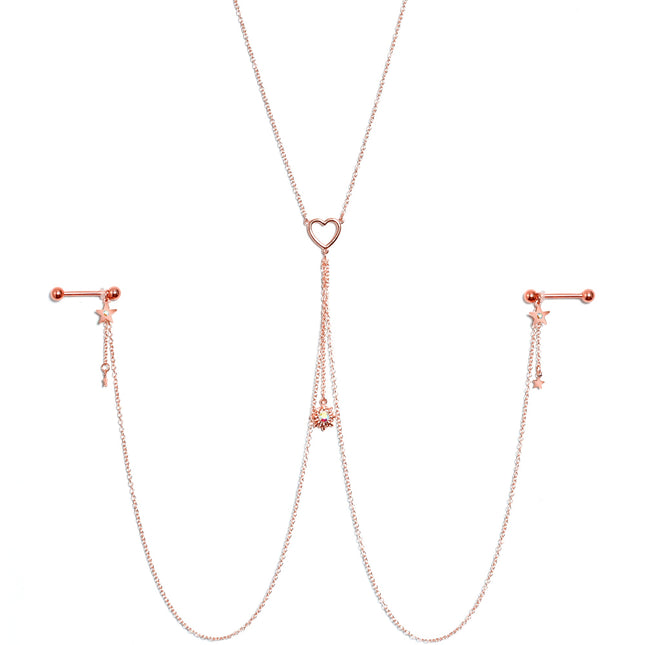 14G 5/8 Aurora Gem Rose Gold Hue Star Sun Nipple Chain Necklace