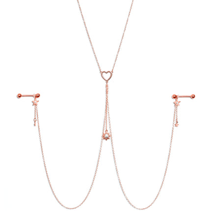 14G 5/8 Clear Gem Rose Gold Hue Star Sun Nipple Chain Necklace