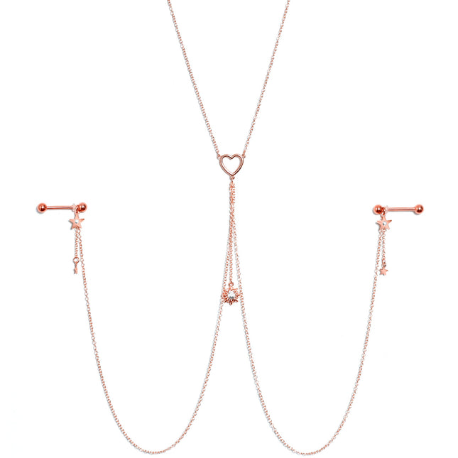 14G 5/8 Clear Gem Rose Gold Hue Star Sun Nipple Chain Necklace
