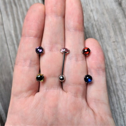 Blue CZ Gem Smooth Hemisphere Barbell Tongue Ring