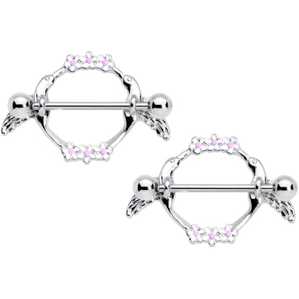 14G 9/16 Pink White Flower Hummingbird Nipple Shield Set