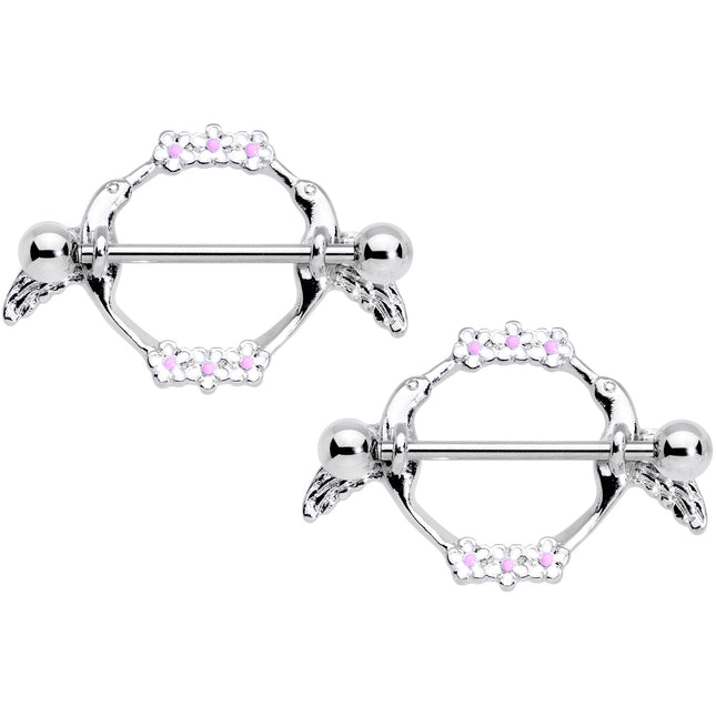 14G 9/16 Pink White Flower Hummingbird Nipple Shield Set