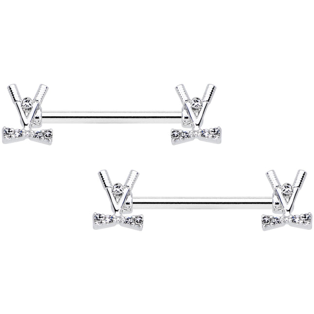 14G 9/16  Clear CZ Gem Crossed Golf Clubs Barbell Nipple Ring Set