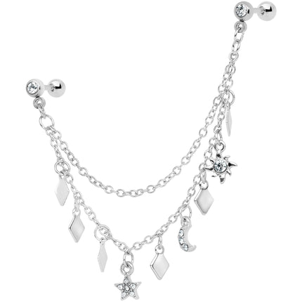 16G 1/4 Clear Gem Moon Star Sun Dangle Cartilage Chain Earring