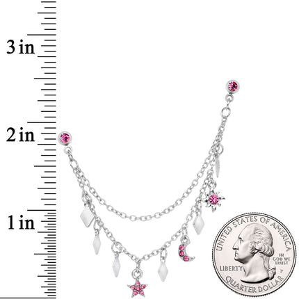 16G 1/4 Pink Gem Moon Star Sun Dangle Cartilage Chain Earring