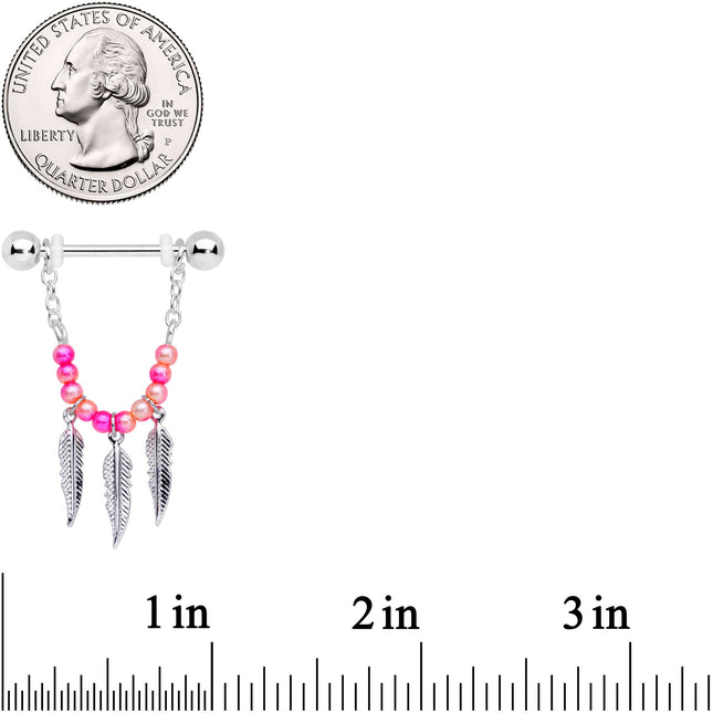 14G 1/2 Pink Peach Bead Feather Dangle Nipple Ring Set