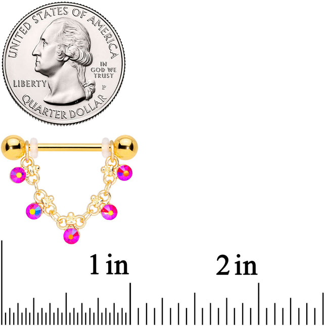 14G 3/4 Aurora Gem Gold Tone Chain Dangle Nipple Ring Set