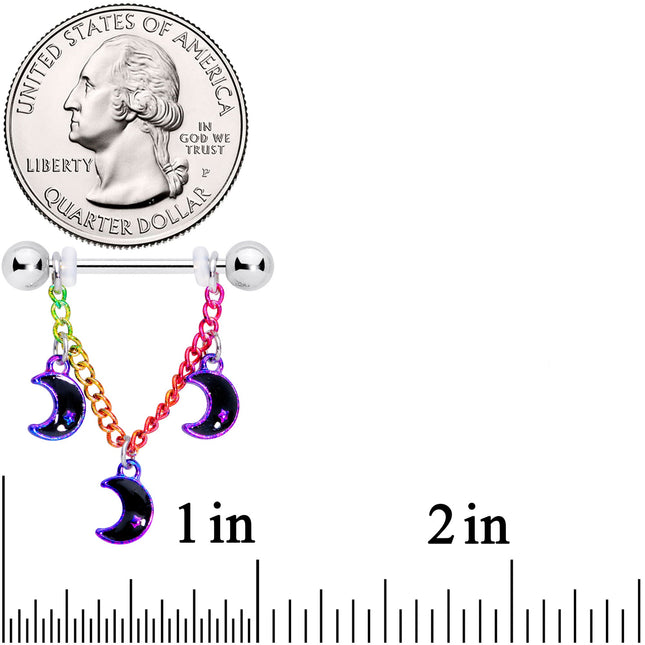 14G 11/16 Rainbow Triple Crescent Moon Dangle Nipple Ring Set