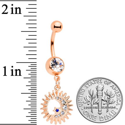 Clear Blue Gem Rose Gold Tone Moon Sun Star Dangle Belly Ring