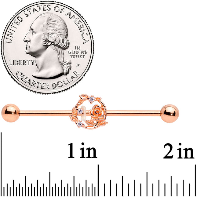 14G Clear CZ Gem Rose Gold Tone Floral Industrial Barbell 38mm