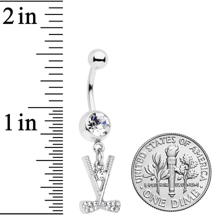 Clear CZ Gem Crossed Golf Clubs Dangle Belly Ring