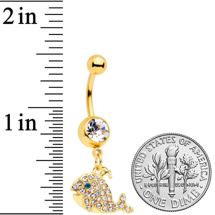Clear Aqua Gem Gold Tone Whale Dangle Belly Ring