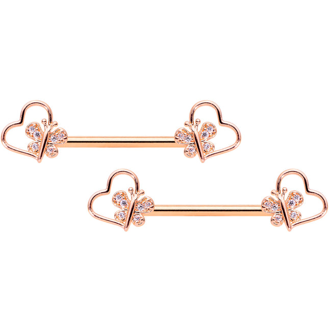 14G 9/16 Clear CZ Rose Gold Tone Heart Barbell Nipple Ring Set