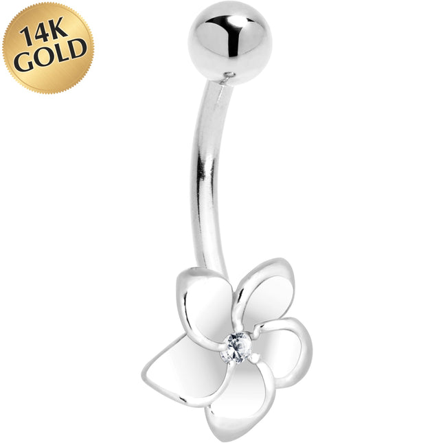 16G Solid 14K White Gold Cubic Zirconia FLOWER Belly Ring