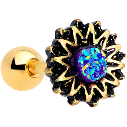 16G 1/4 Gold Tone Aqua Center Sunburst Cartilage Tragus Earring