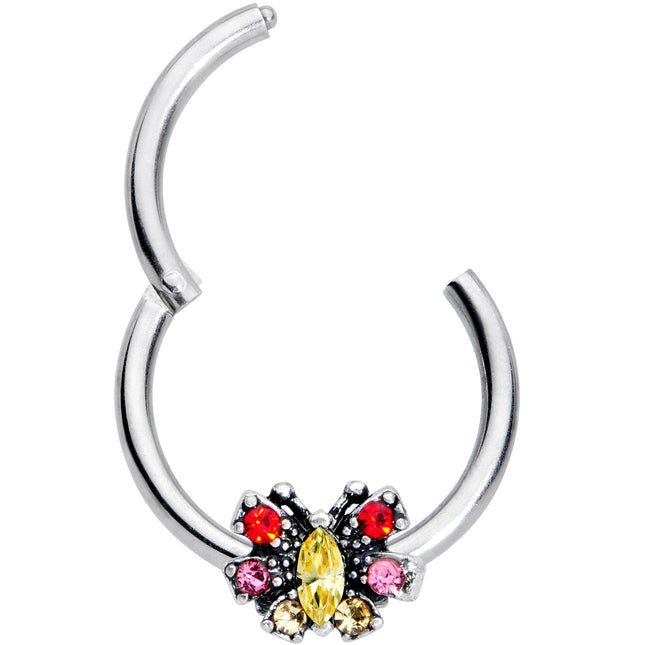 16G 3/8 Red Pink Gem Art Deco Butterfly Hinged Segment Ring