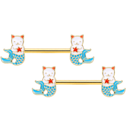14G 9/16 Gold Tone Blue Star Cat Mermaid Barbell Nipple Ring Set