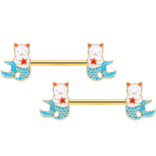 14G 9/16 Gold Tone Blue Star Cat Mermaid Barbell Nipple Ring Set