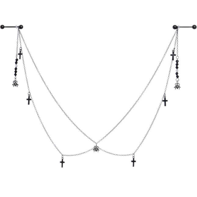 14G 9/16 Black Gem Spider Cross Halloween Dangle Nipple Chain