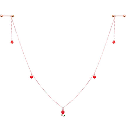 14G 9/16 Gold Tone Red Flower Valentine Dangle Nipple Chain